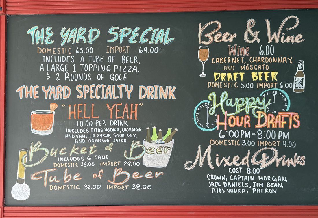 Yard specials, beer and wine menu