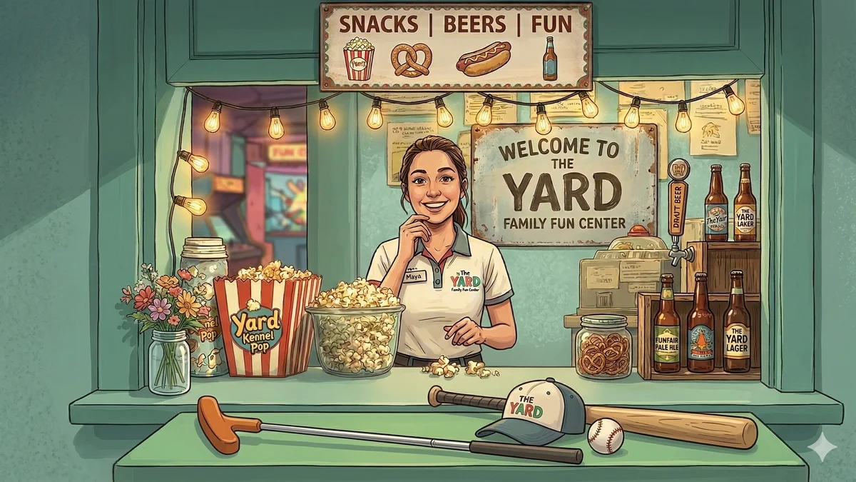 The Yard concession window — mini golf, batting cages, pizza, and beer